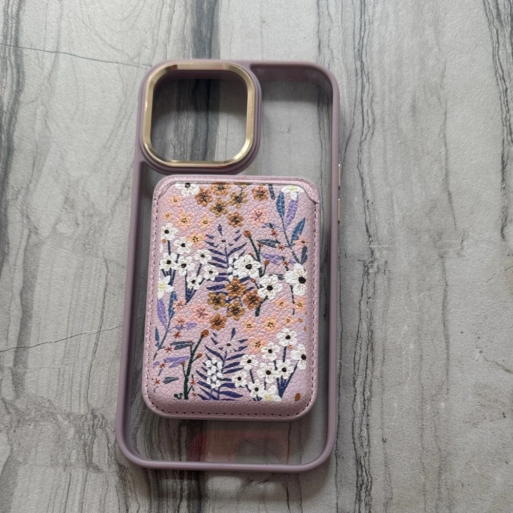 Floral Pink Phone Case with Card Holder 15 pro Max